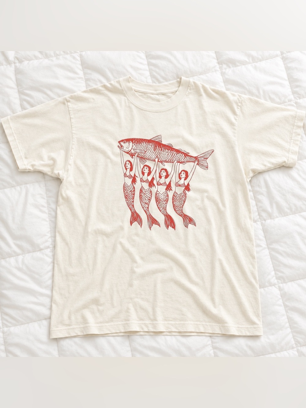 Off White Women T-Shirt with Red Mermaid Fish Graphic